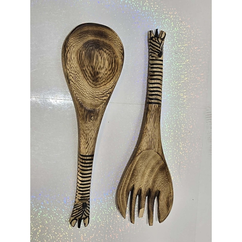 🦓 Vintage‎ Hand Carved Zebra Wood Salad Server Set – Rustic Safari 🦓